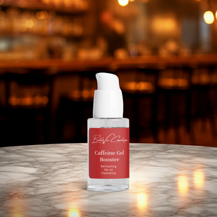 Caffeine gel booster bottle on a wooden surface with a blurred bar background