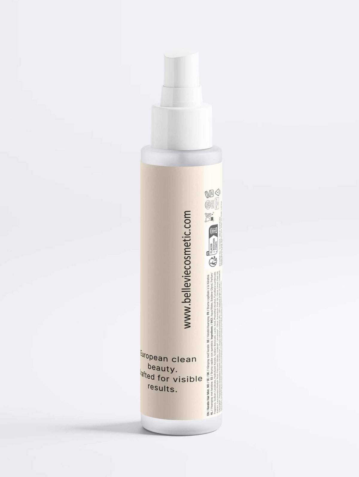 Keratin Shine Leave-In Hair Mist in a slim beige bottle with white pump spray and black printed label
