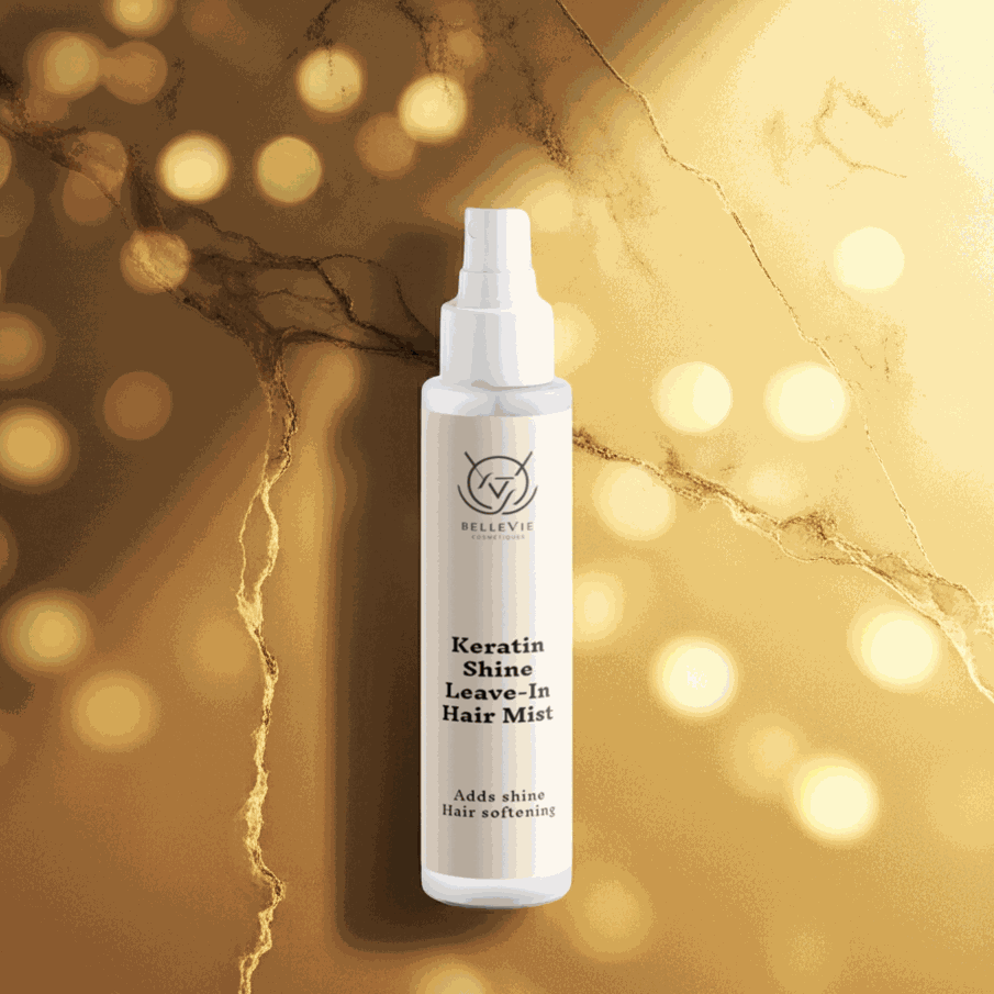 Keratin Shine Leave-In Hair Mist in a white spray bottle with a slim cylindrical shape and printed black label