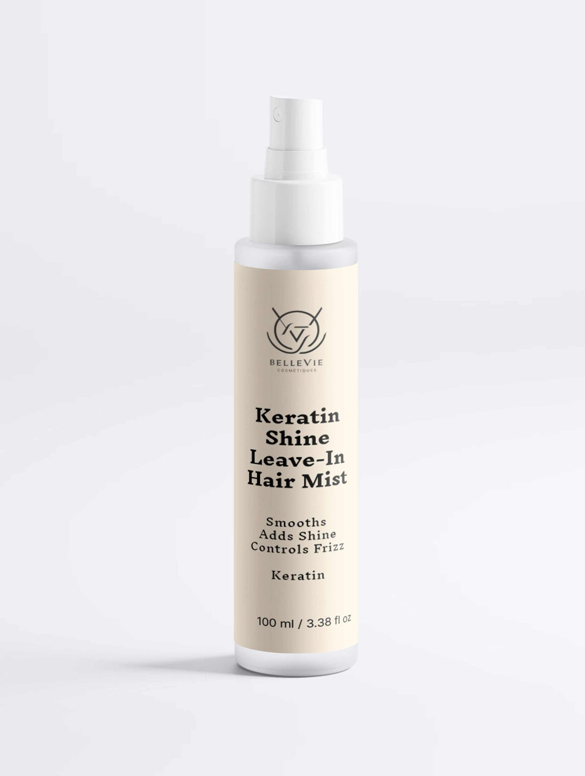 Keratin Shine Leave-In Hair Mist in a white spray bottle with a cream label and black lettering