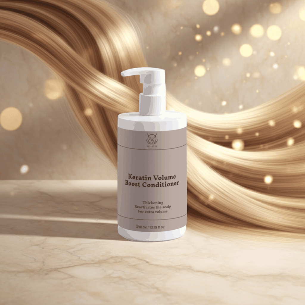 Keratin Volume Boost Conditioner in a pale beige pump bottle with a white dispenser and printed product label