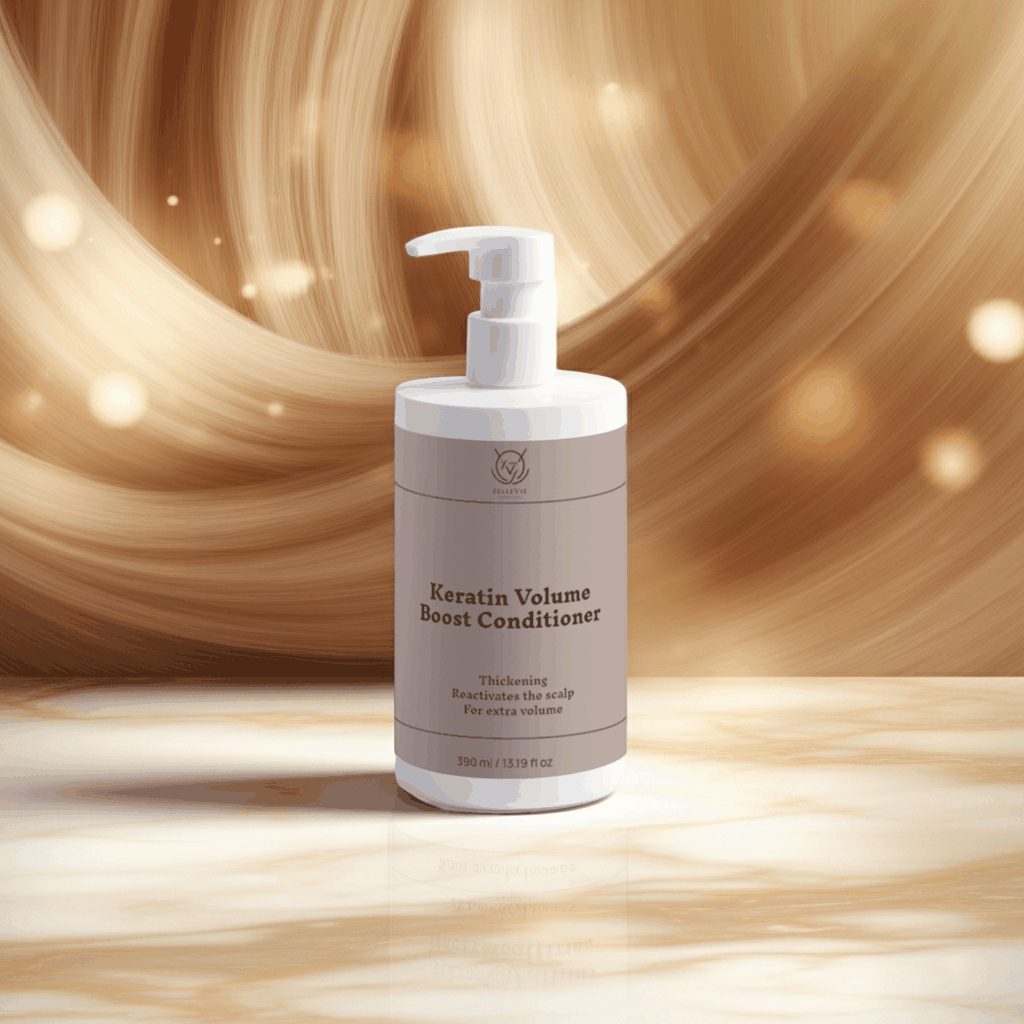 Keratin Volume Boost Conditioner in a pale beige bottle with a white pump dispenser and minimal printed label