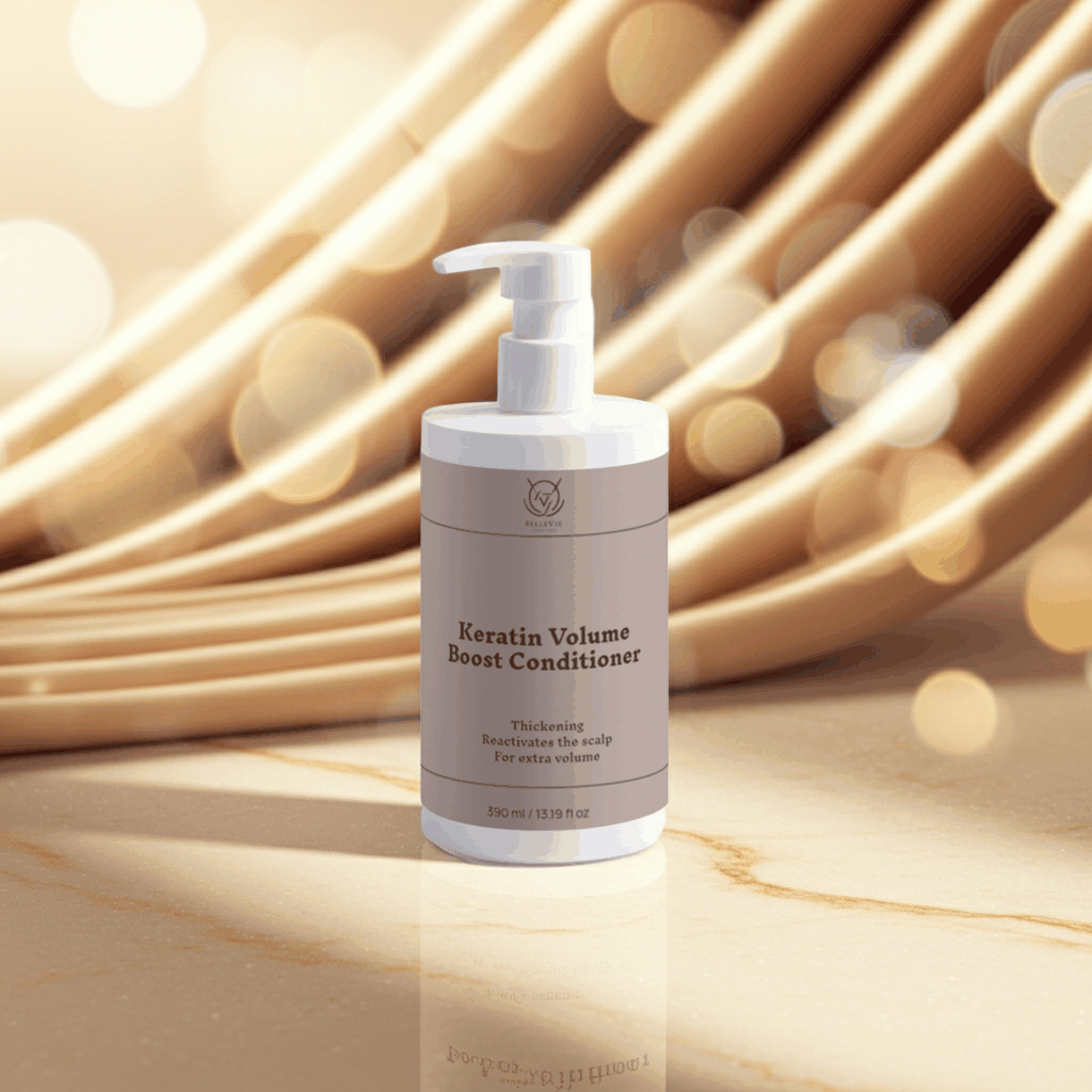 Keratin Volume Boost Conditioner in a pale neutral bottle with a white pump dispenser and printed product label