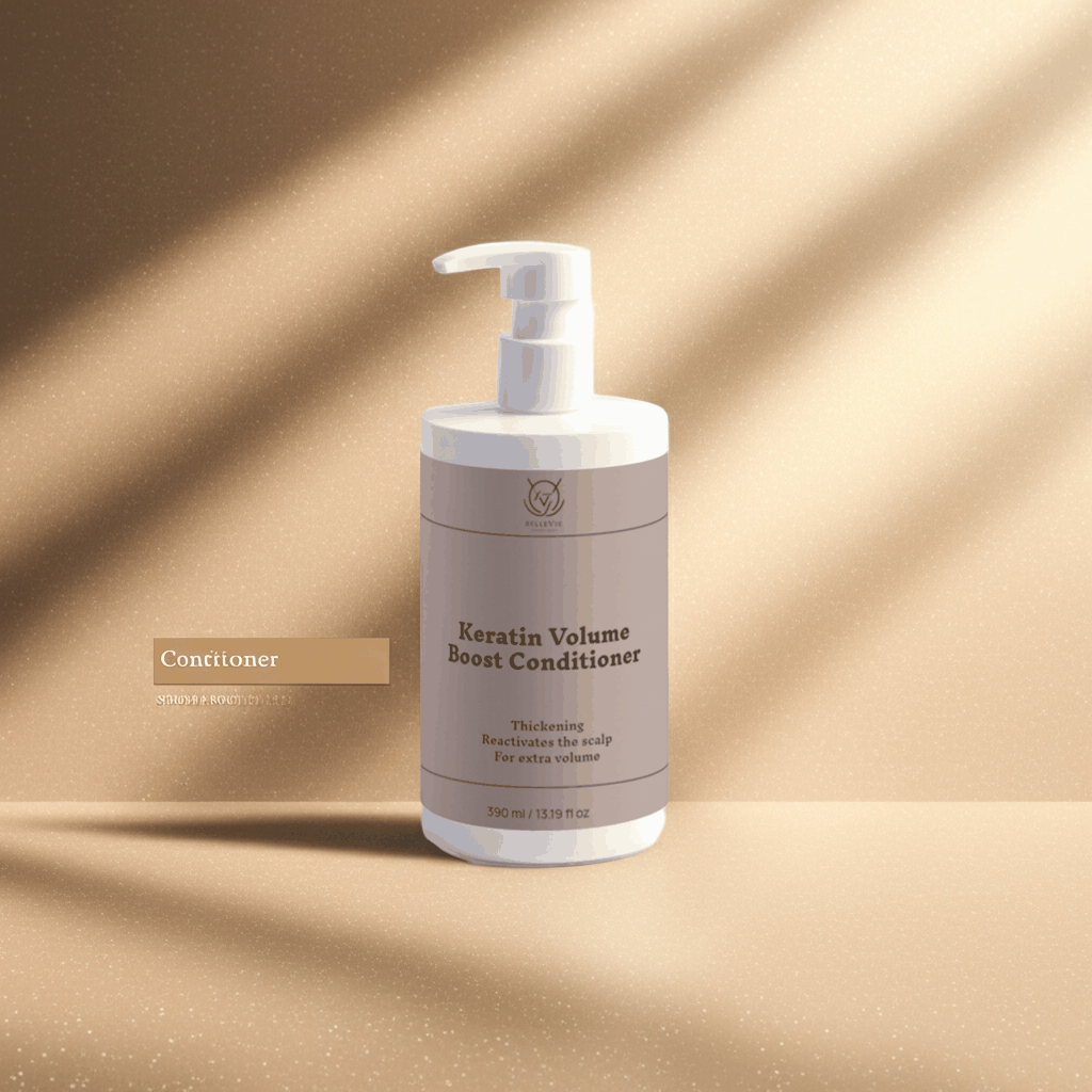 Keratin Volume Boost Conditioner in a pale mauve bottle with a white pump dispenser and printed label
