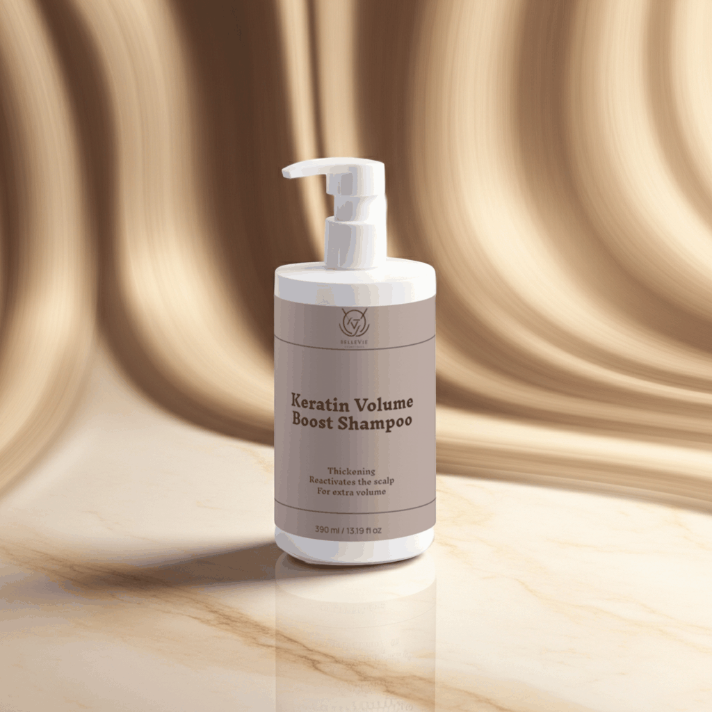 Keratin Volume Boost Shampoo in a beige bottle with a white pump dispenser and clean, minimal label