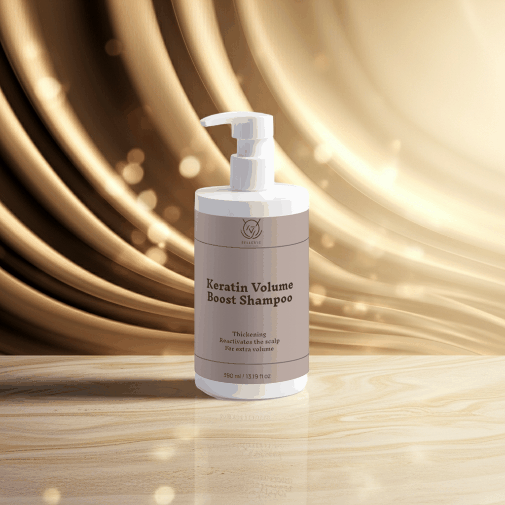 Keratin Volume Boost Shampoo in a pale beige bottle with a white pump, featuring a clean, minimal label.