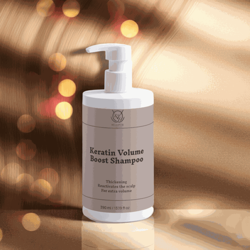 Keratin Volume Boost Shampoo in a beige bottle with a white pump dispenser and minimalist label, 390 ml