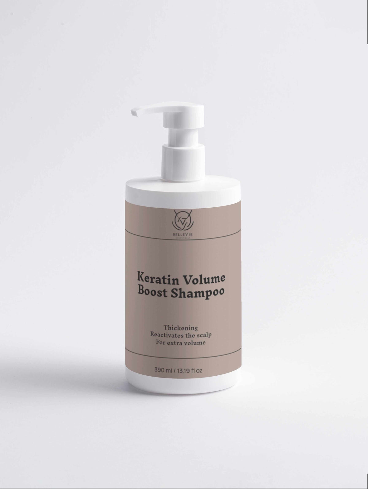 Keratin Volume Boost Shampoo in a beige and white bottle with a pump dispenser and dark printed label