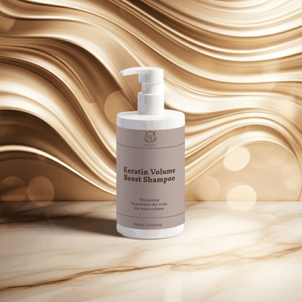 Keratin Volume Boost Shampoo in a pale pink cylindrical pump bottle with a white dispenser and dark printed label