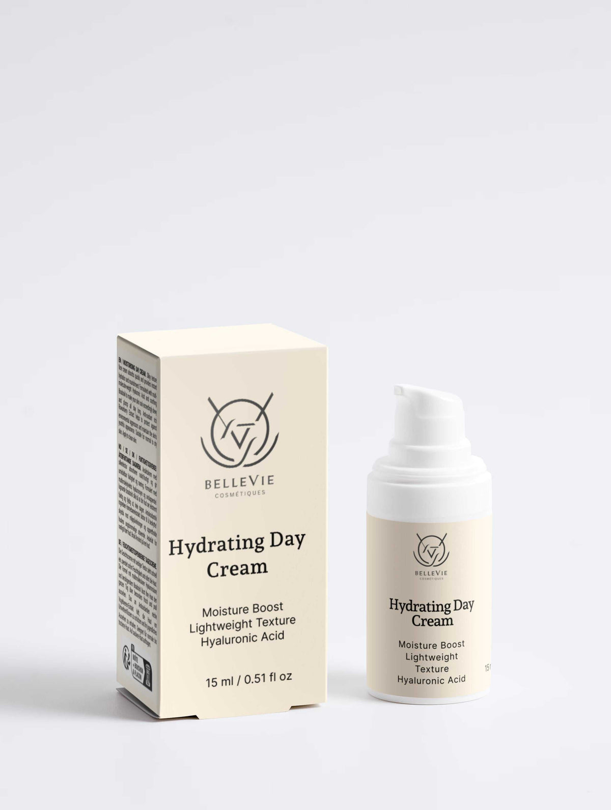 Moisturizing Cream 15ml in an ivory carton with a white pump bottle, labeled Hydrating Day Cream