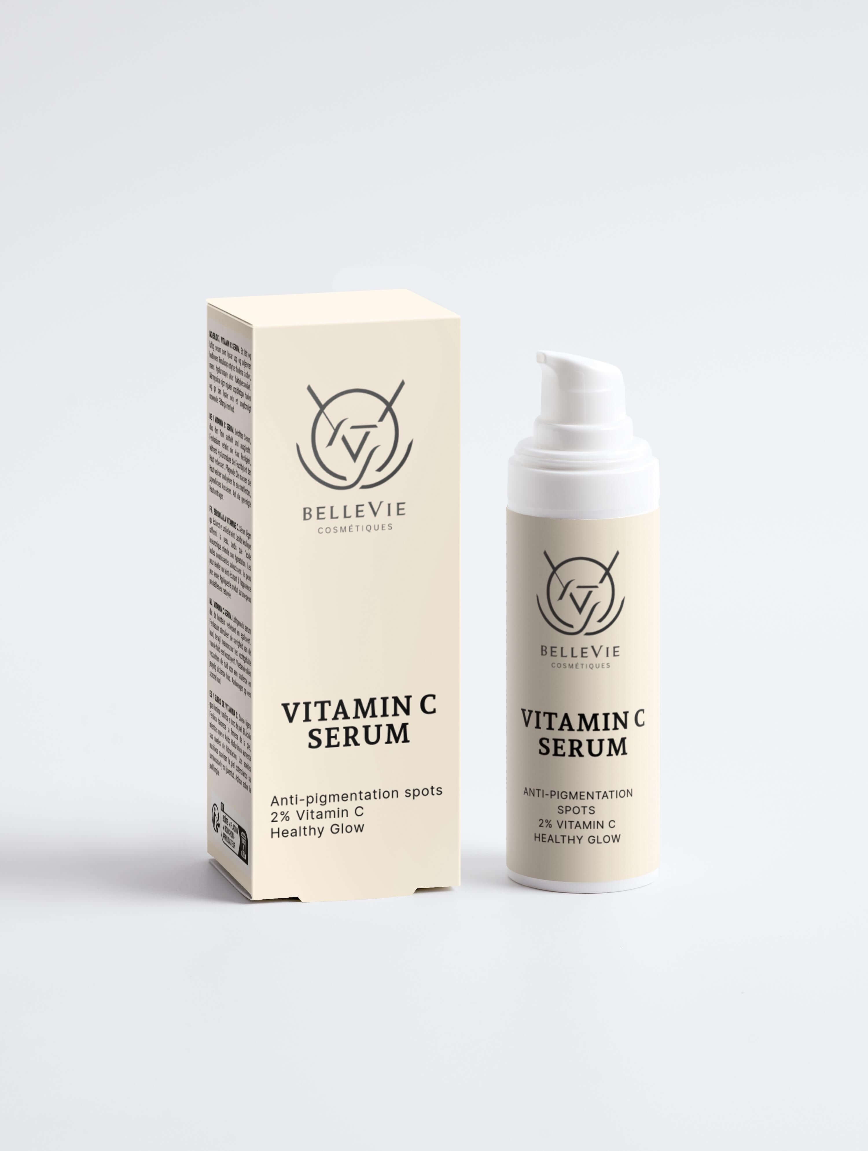 Vitamin C serum packaging with box on a light gray background