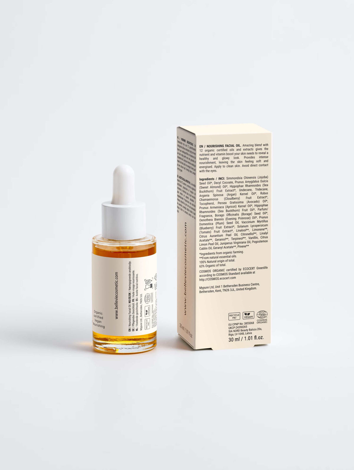 Nourishing Facial Oil 30ml in a clear amber glass dropper bottle with white pipette, beside its beige printed carton.