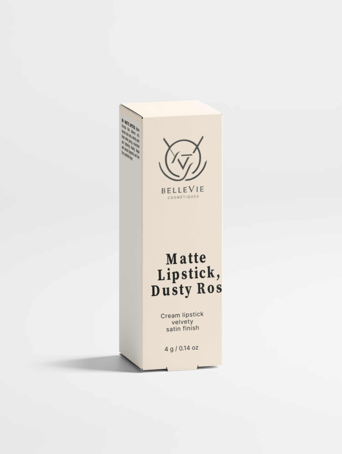 Nourishing Matte Lipstick in dusty rose, shown in a cream cardboard box labeled matte lipstick with a velvety satin finish.