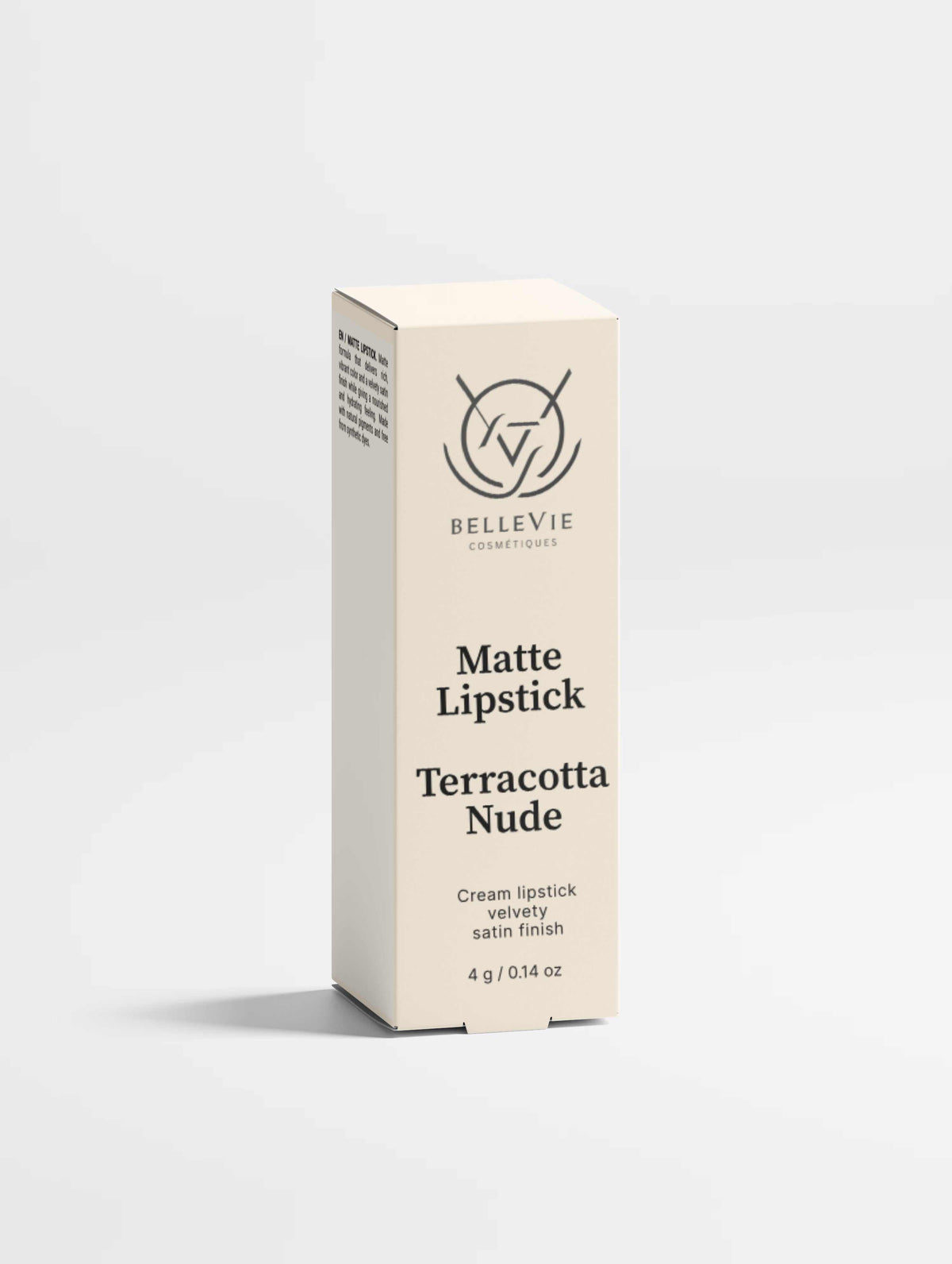 Nourishing Matte Lipstick in a cream-colored rectangular box, labeled Terracotta Nude with a matte lipstick design.