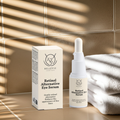 Retinol Alternative Eye Serum with packaging on a wooden surface with a towel and tiled wall background