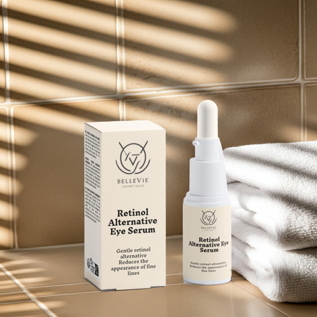 Retinol Alternative Eye Serum with packaging on a wooden surface with a towel and tiled wall background