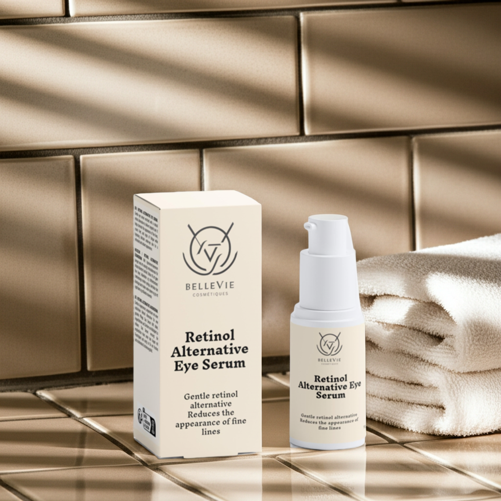 Retinol Alternative Eye Serum packaging and bottle on a tiled surface