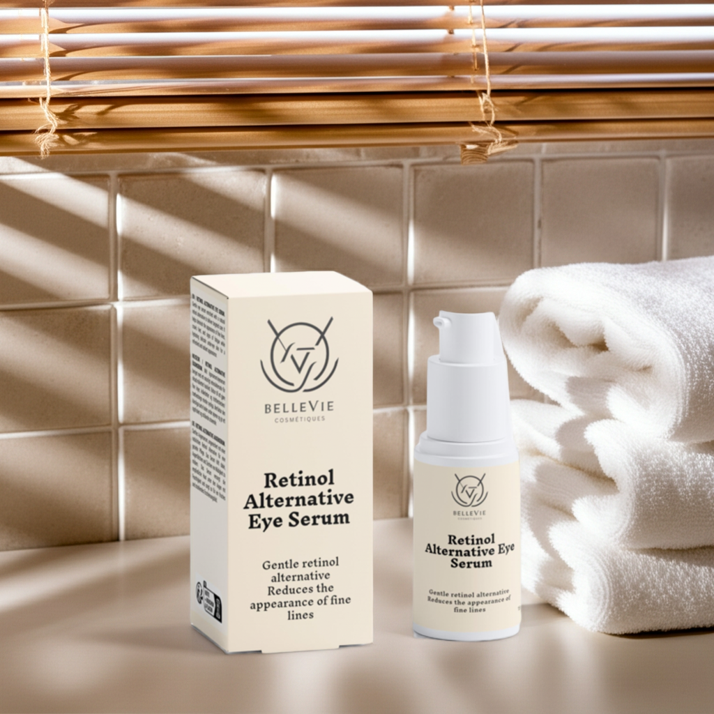Retinol Alternative Eye Serum packaging with towel on tiled wall background