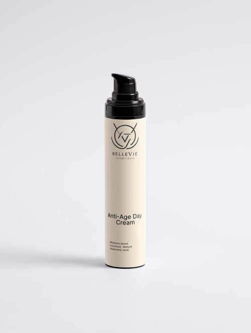 Yellow bottle of Glamrus Anti-Age Day Cream on a light gray background