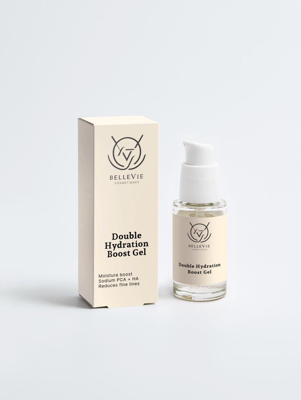 Bellevie Double Hydration Boost Gel packaging and bottle on a light gray background