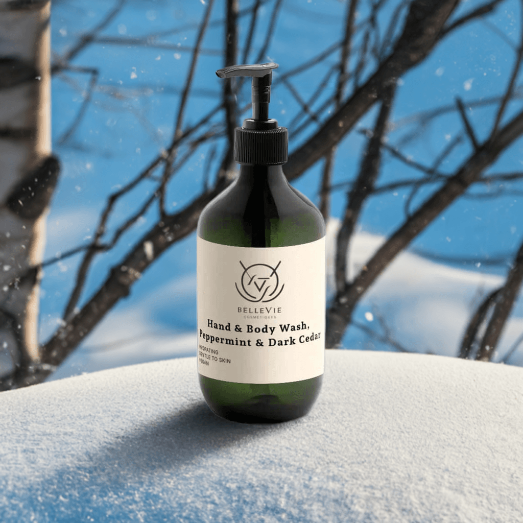 Peppermint Scent Hand & Body Wash in a dark green bottle with a black pump and cream label
