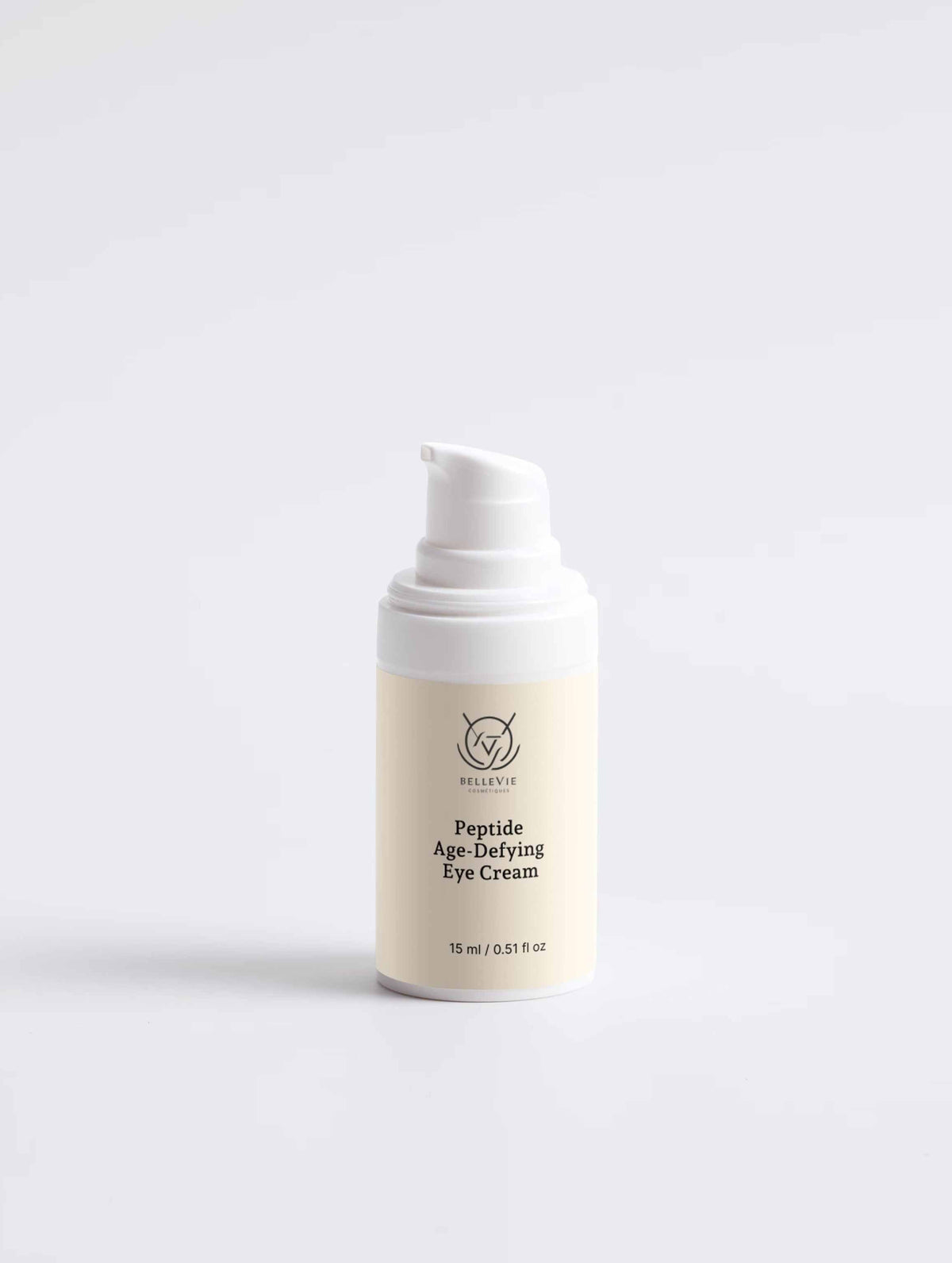 Peptide Age-Defying Eye Cream in a cream-coloured cylindrical pump bottle with a white dispenser and label