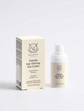 Peptide Age-Defying Eye Cream in an ivory pump bottle with matching carton, featuring black text and a minimal logo