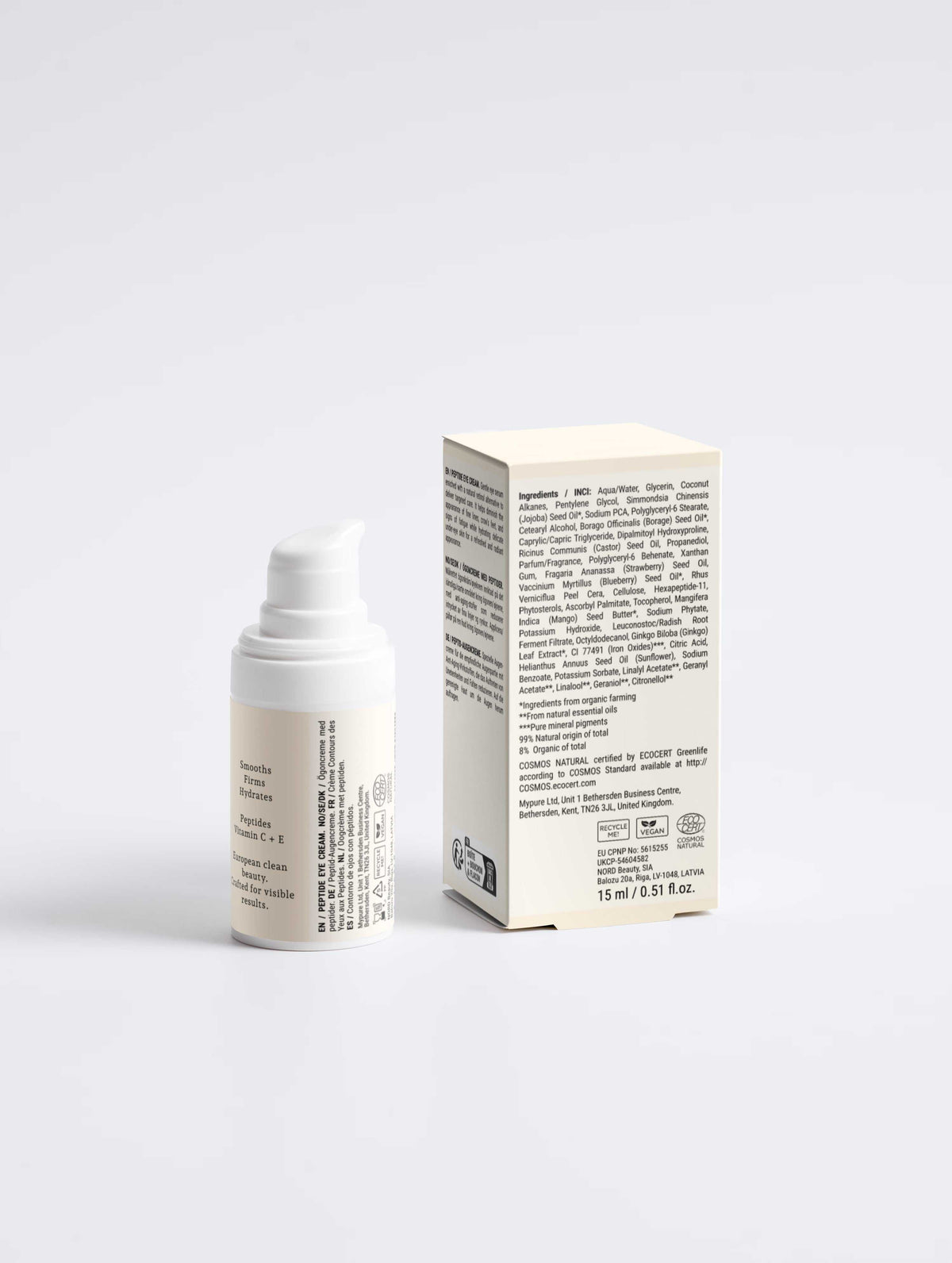Peptide Age-Defying Eye Cream in a white pump bottle beside a cream-coloured box with printed product details
