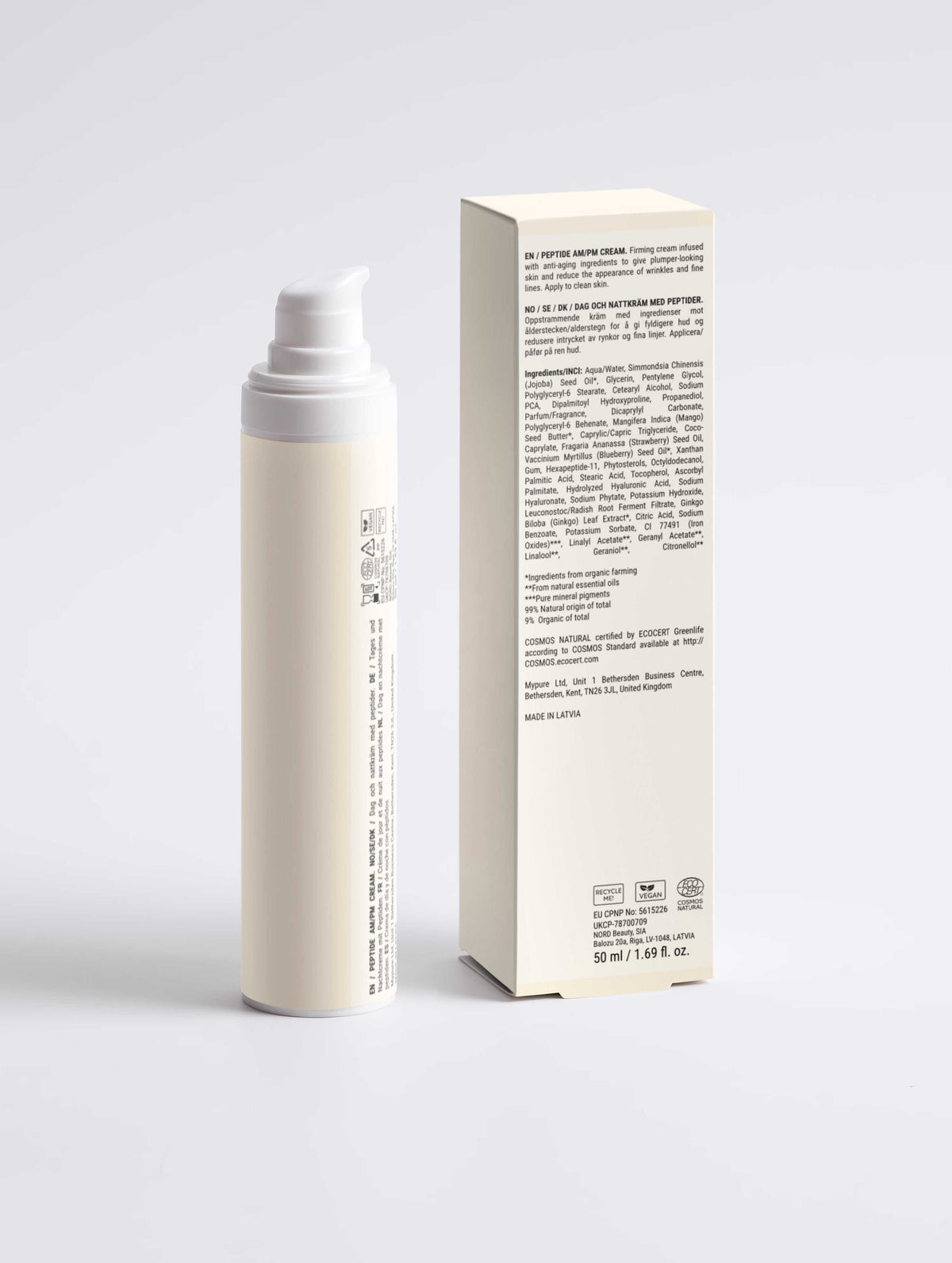 Peptide Ageless AM/PM Face Cream in a cream-coloured cylindrical pump bottle with matching printed carton, 50 ml
