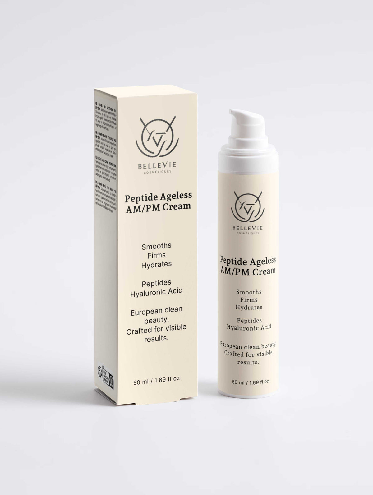 Peptide Ageless AM/PM Face Cream in ivory packaging, featuring a matching carton and white pump bottle