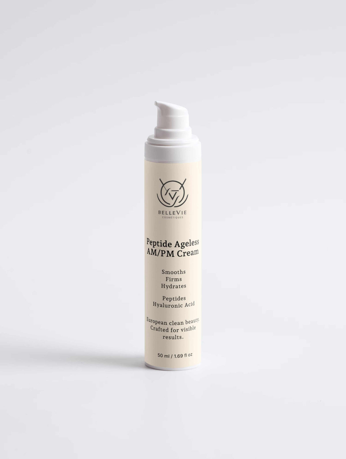 Peptide Ageless AM/PM Face Cream in a white cylindrical pump bottle with beige label and minimalist black print