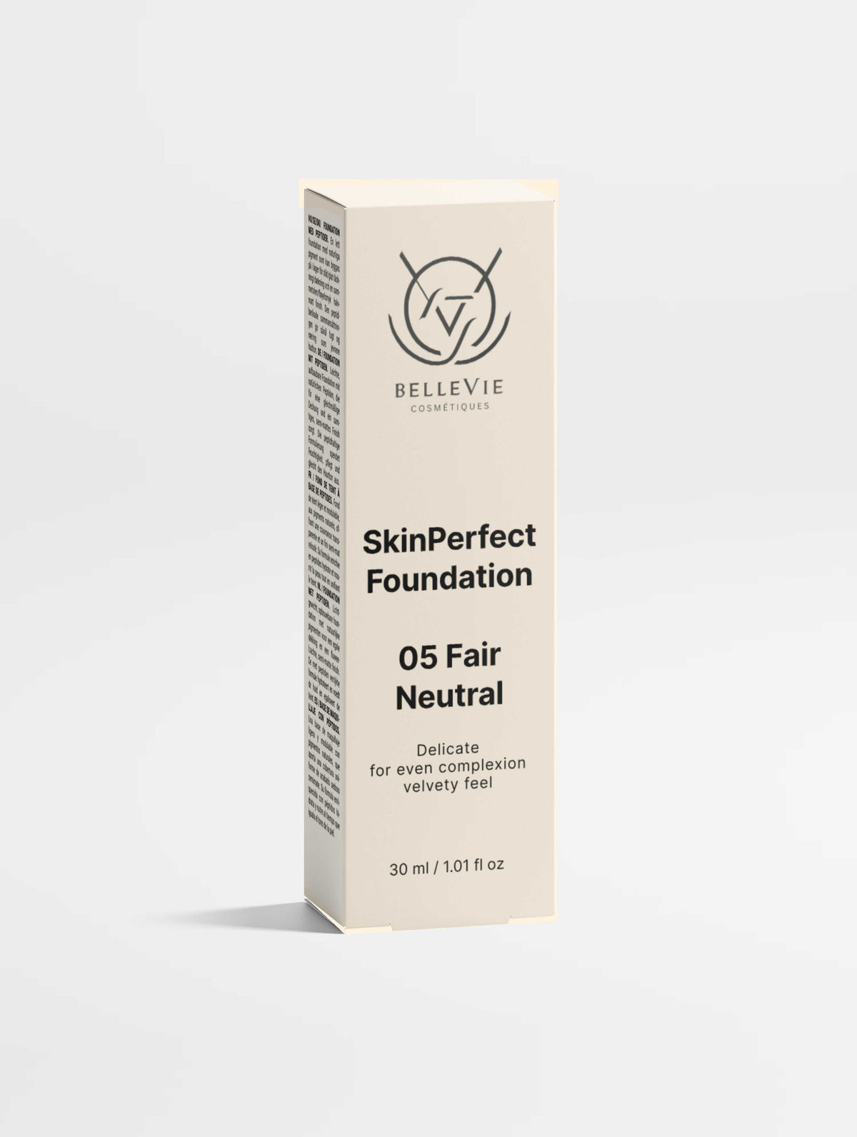 Peptide Skin-Perfecting Foundation in a cream carton, labelled SkinPerfect Foundation, shade 05 Fair Neutral, 30 ml