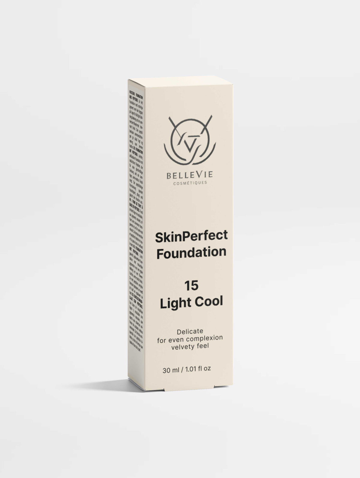 Peptide Skin-Perfecting Foundation in a cream carton, labeled shade 15 Light Cool with black text and a minimalist logo