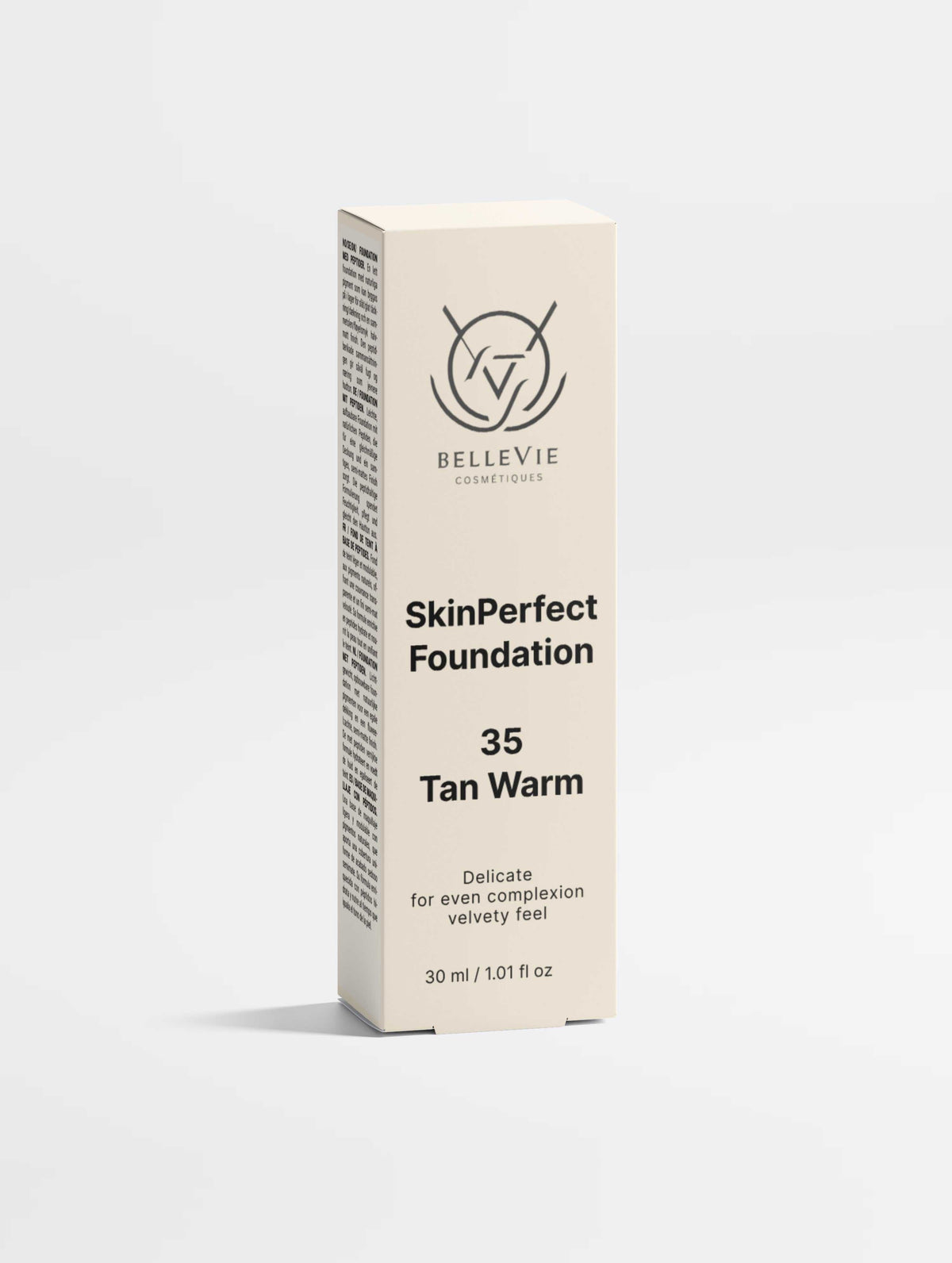 Peptide Skin-Perfecting Foundation in a cream-colored box labelled SkinPerfect Foundation, shade 35 Tan Warm, 30 ml
