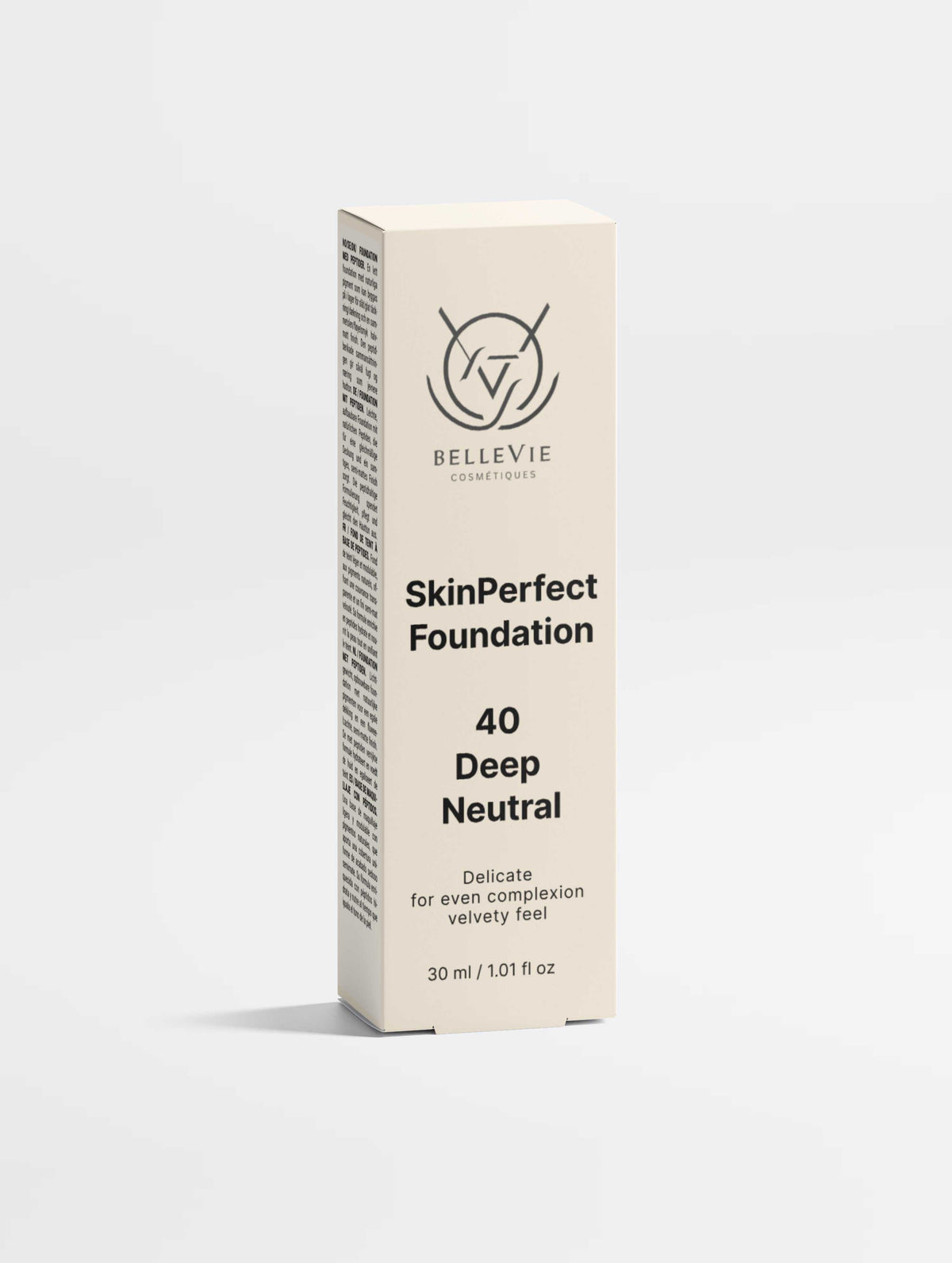 Peptide Skin-Perfecting Foundation in an ivory carton, labeled SkinPerfect Foundation, shade 40 Deep Neutral, 30 ml.