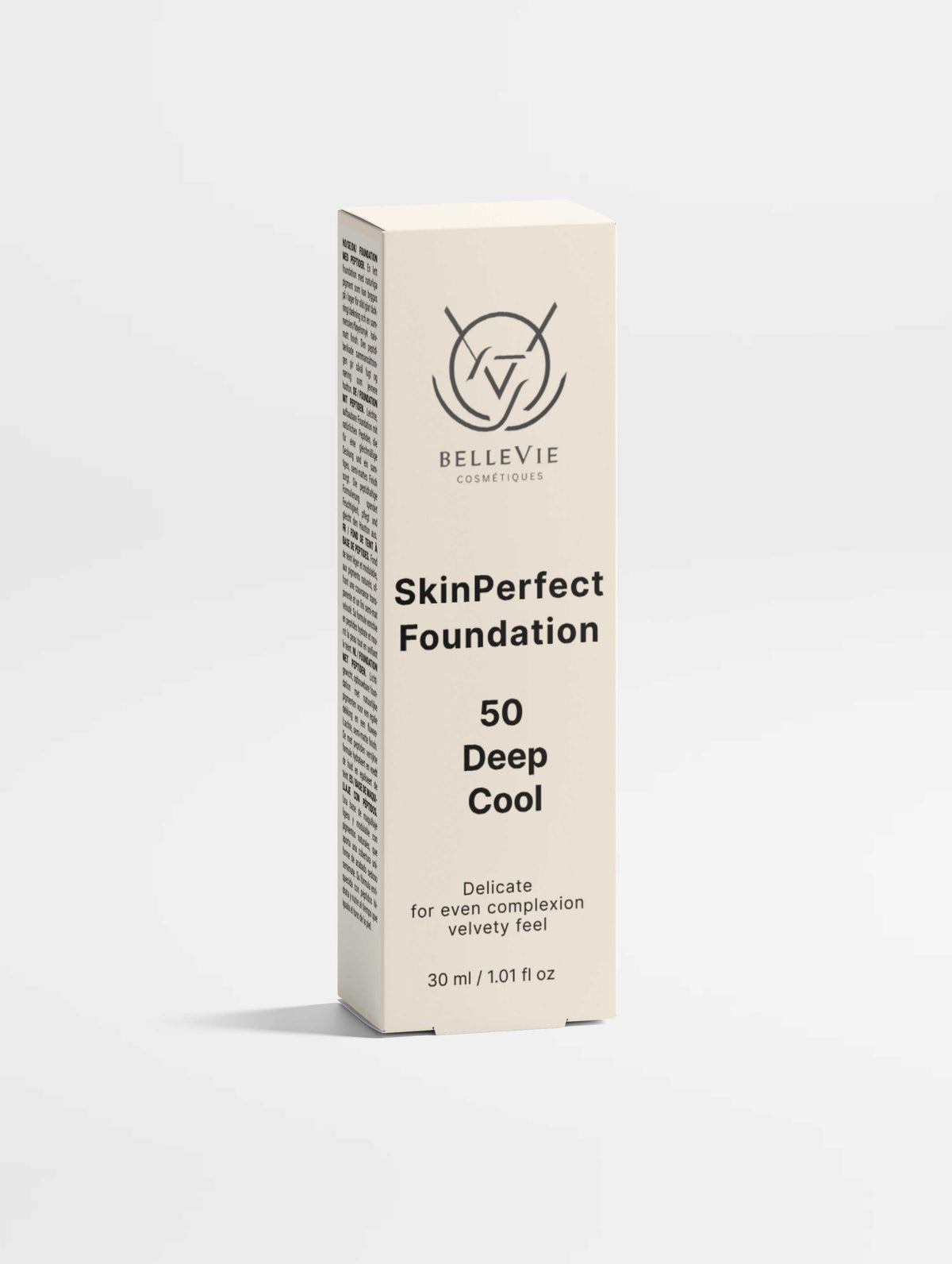 Peptide Skin-Perfecting Foundation in a cream carton, labeled shade 50 Deep Cool with a velvety finish.