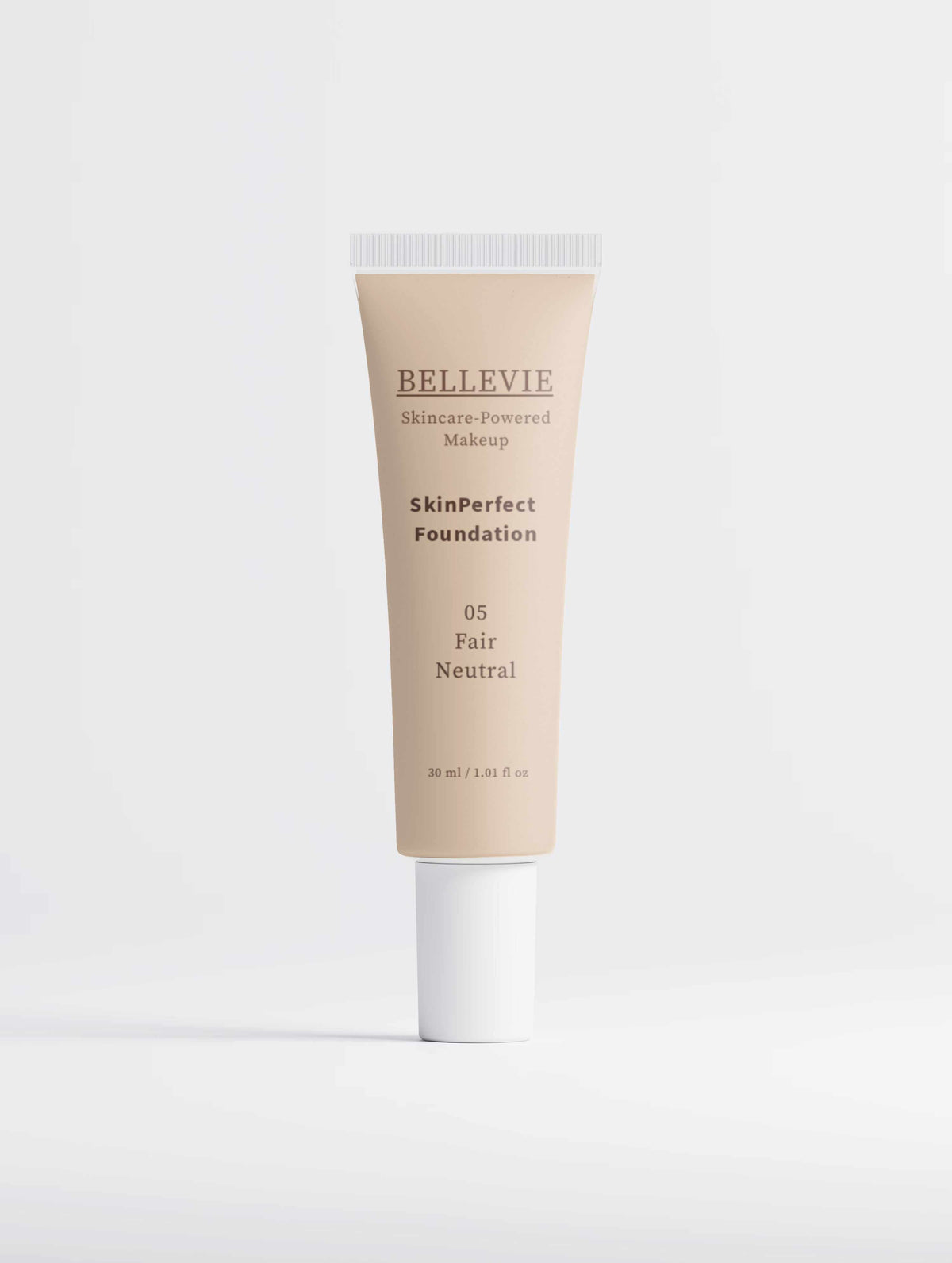 Peptide Skin-Perfecting Foundation in a beige tube with white cap, labeled shade 05 Fair Neutral