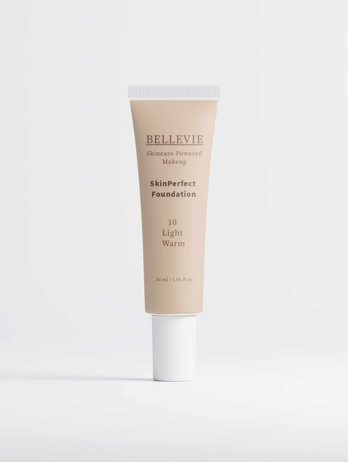 Peptide Skin-Perfecting Foundation in a beige tube, shade 10 Light Warm, with a white cap and skincare-powered label