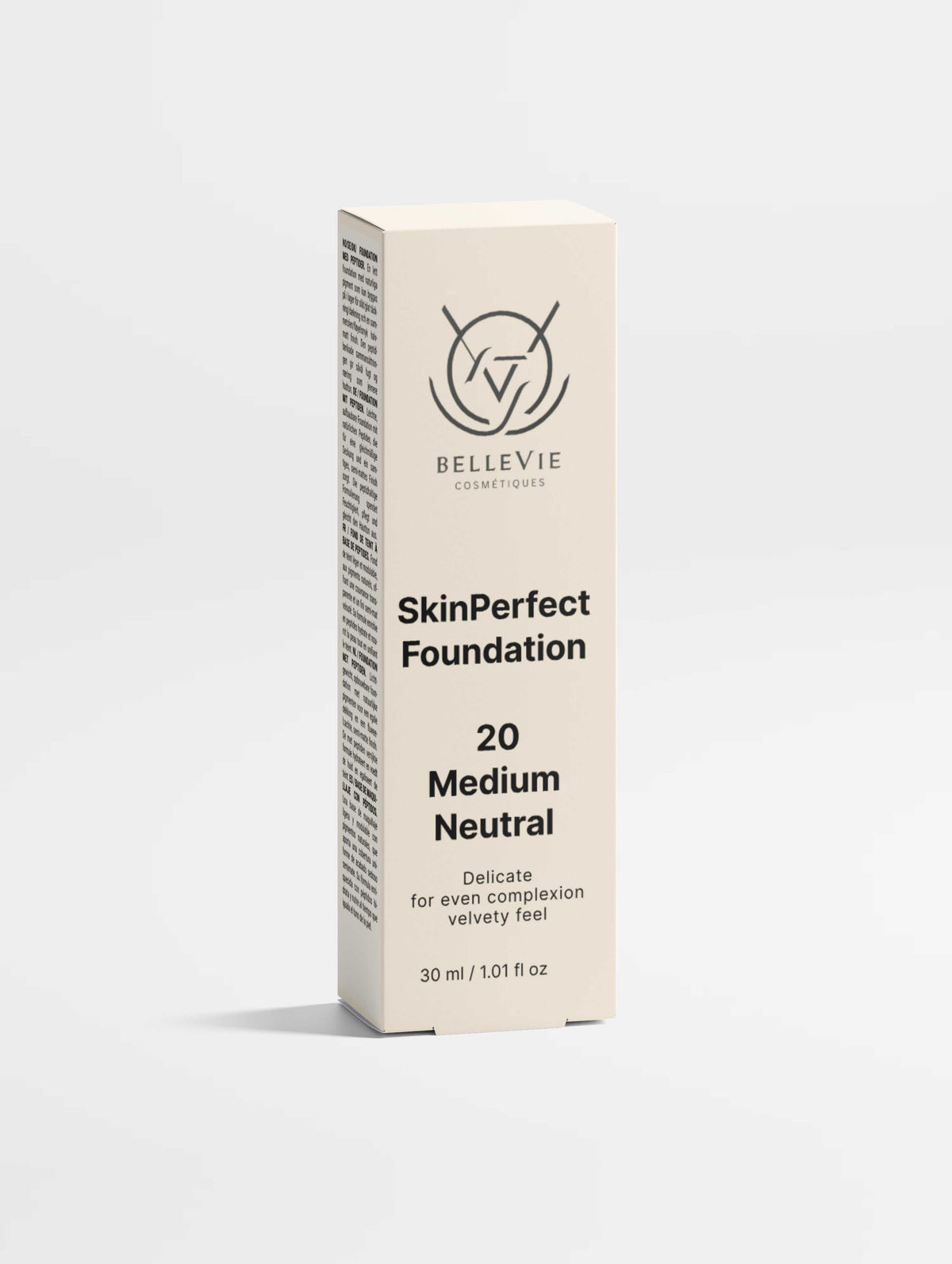 Peptide Skin-Perfecting Foundation in a cream rectangular carton, labeled SkinPerfect Foundation, shade 20 Medium Neutral