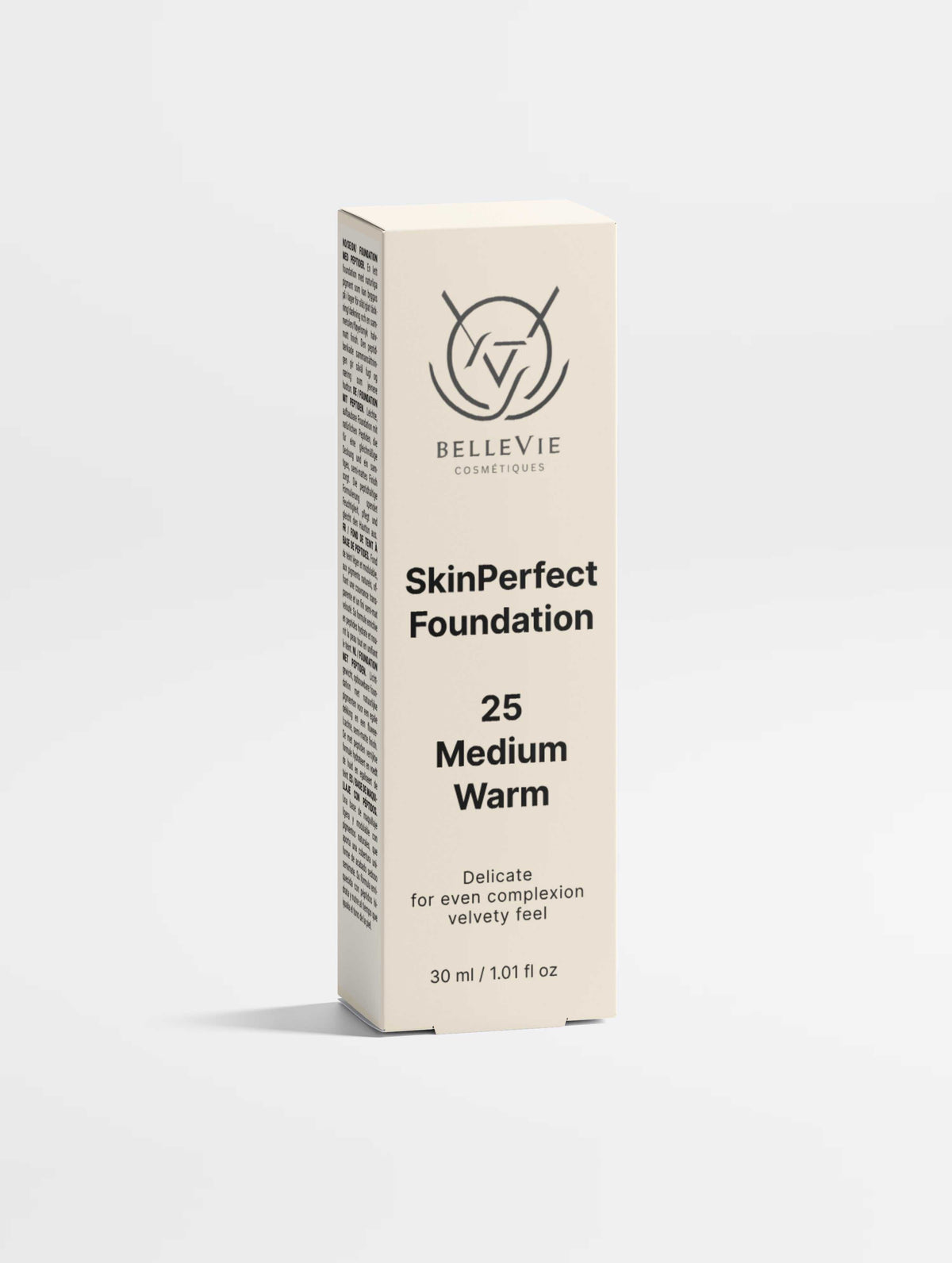 Peptide Skin-Perfecting Foundation in a cream carton, labeled 25 Medium Warm with black text and a minimalist logo
