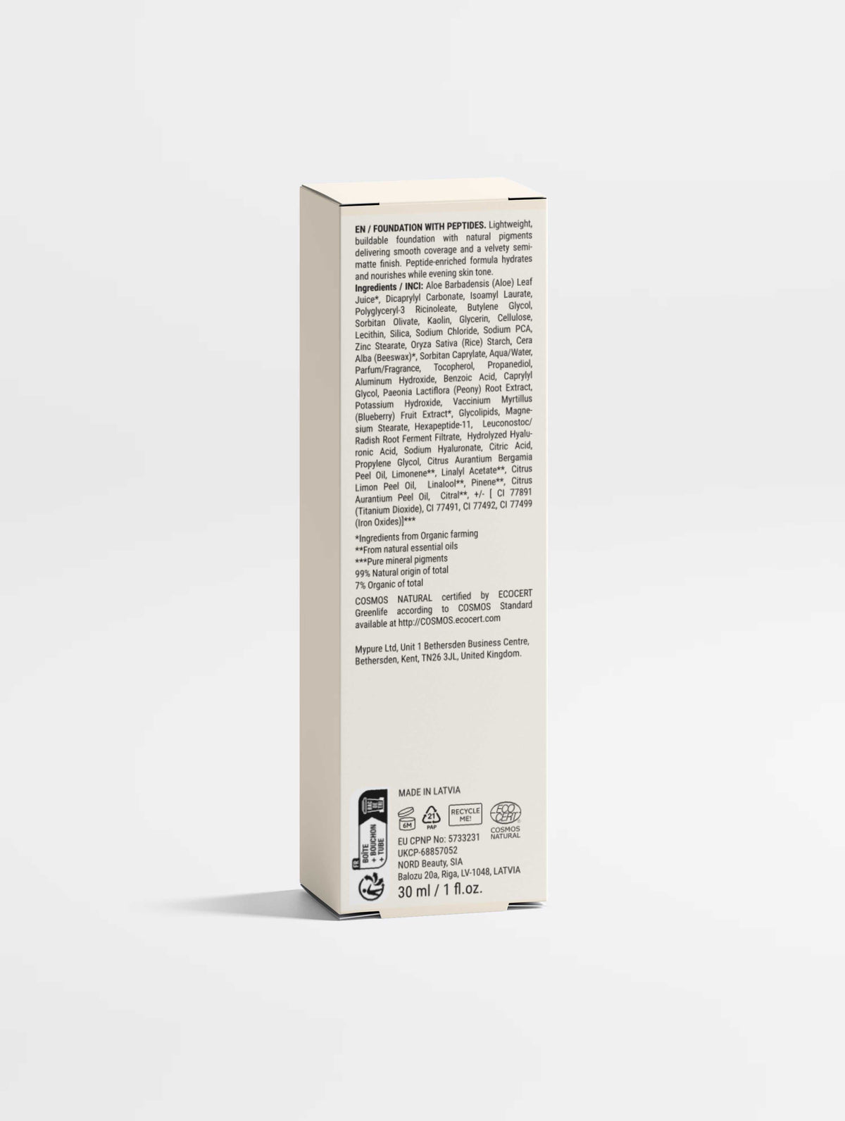 Peptide Skin-Perfecting Foundation in a slim cream carton with black printed ingredients and product details on the back