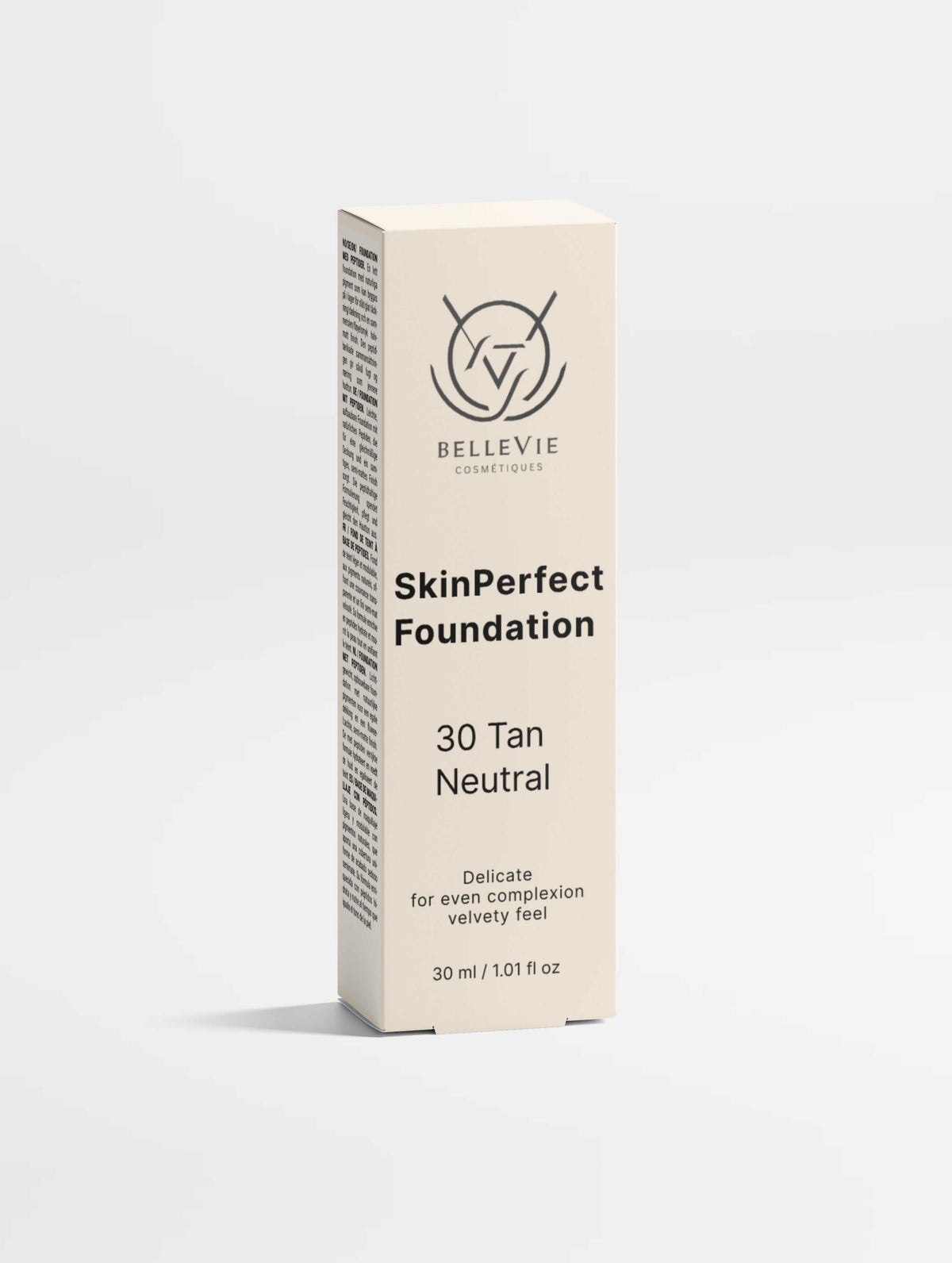 Peptide Skin-Perfecting Foundation in an ivory rectangular carton, labelled SkinPerfect Foundation, shade 30 Tan Neutral.