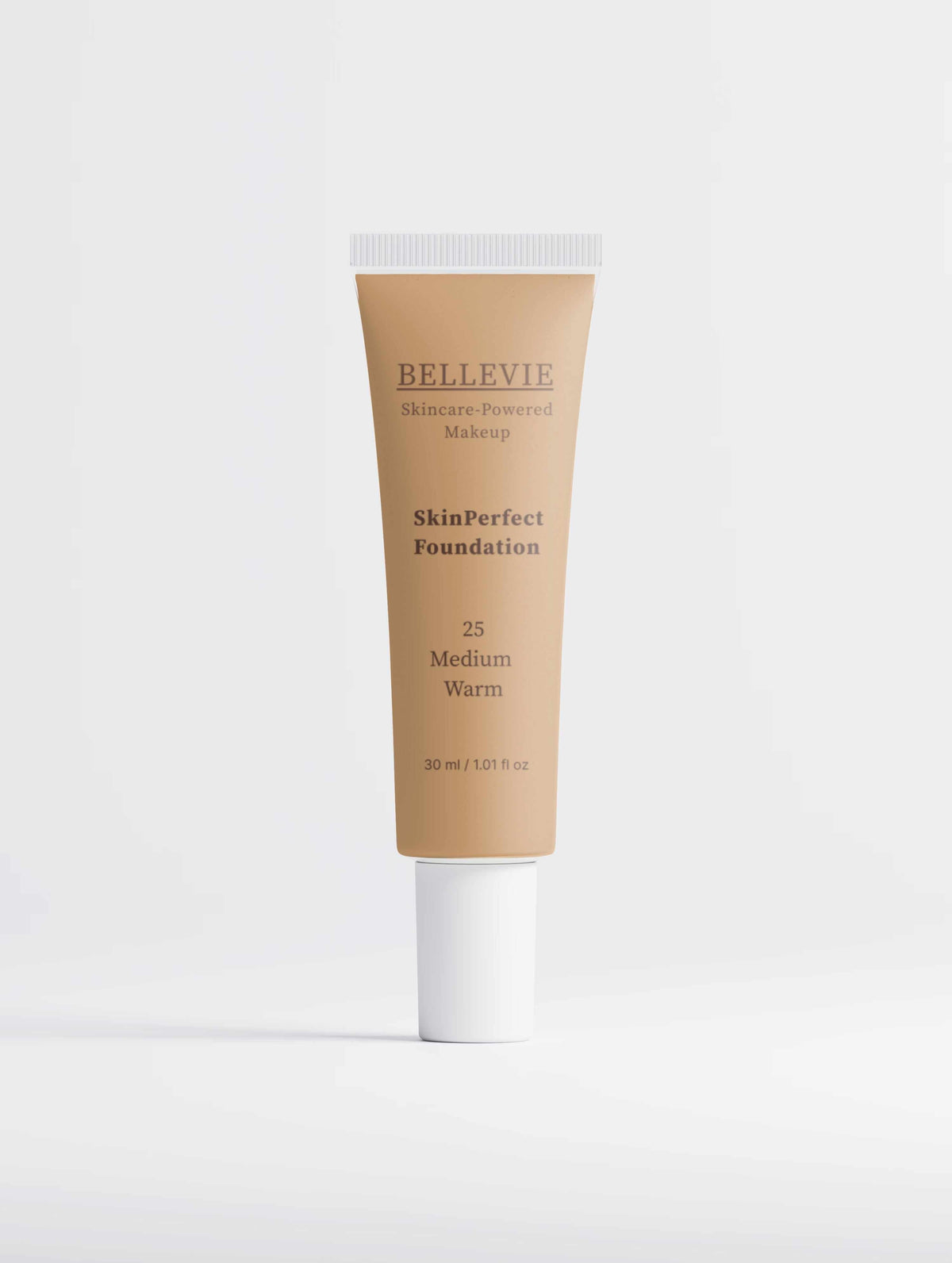 Peptide Skin-Perfecting Foundation in a tan 25 Medium Warm shade, shown in a tapered tube with a white cap.