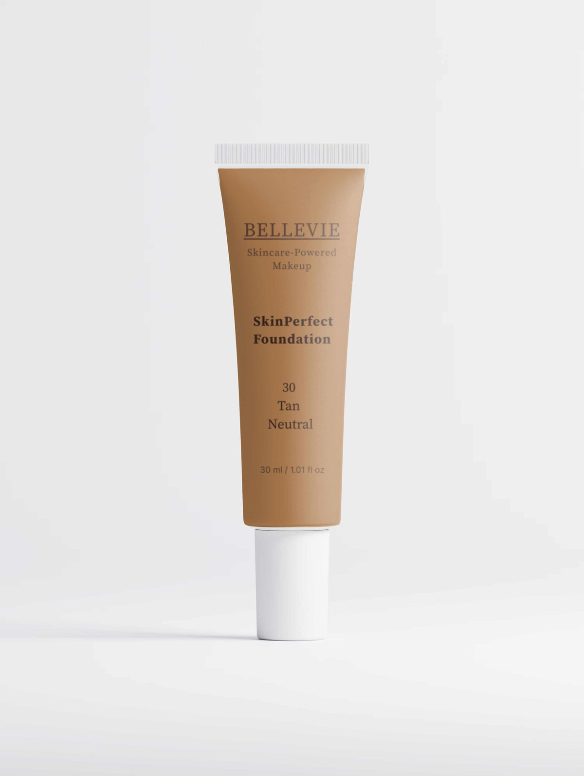 Peptide Skin-Perfecting Foundation in a tan tube with a white cap, labeled shade 30 Tan Neutral