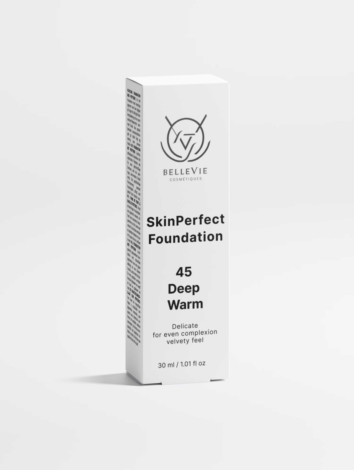 Peptide Skin-Perfecting Foundation in white rectangular packaging, labelled shade 45 Deep Warm and 30 ml.