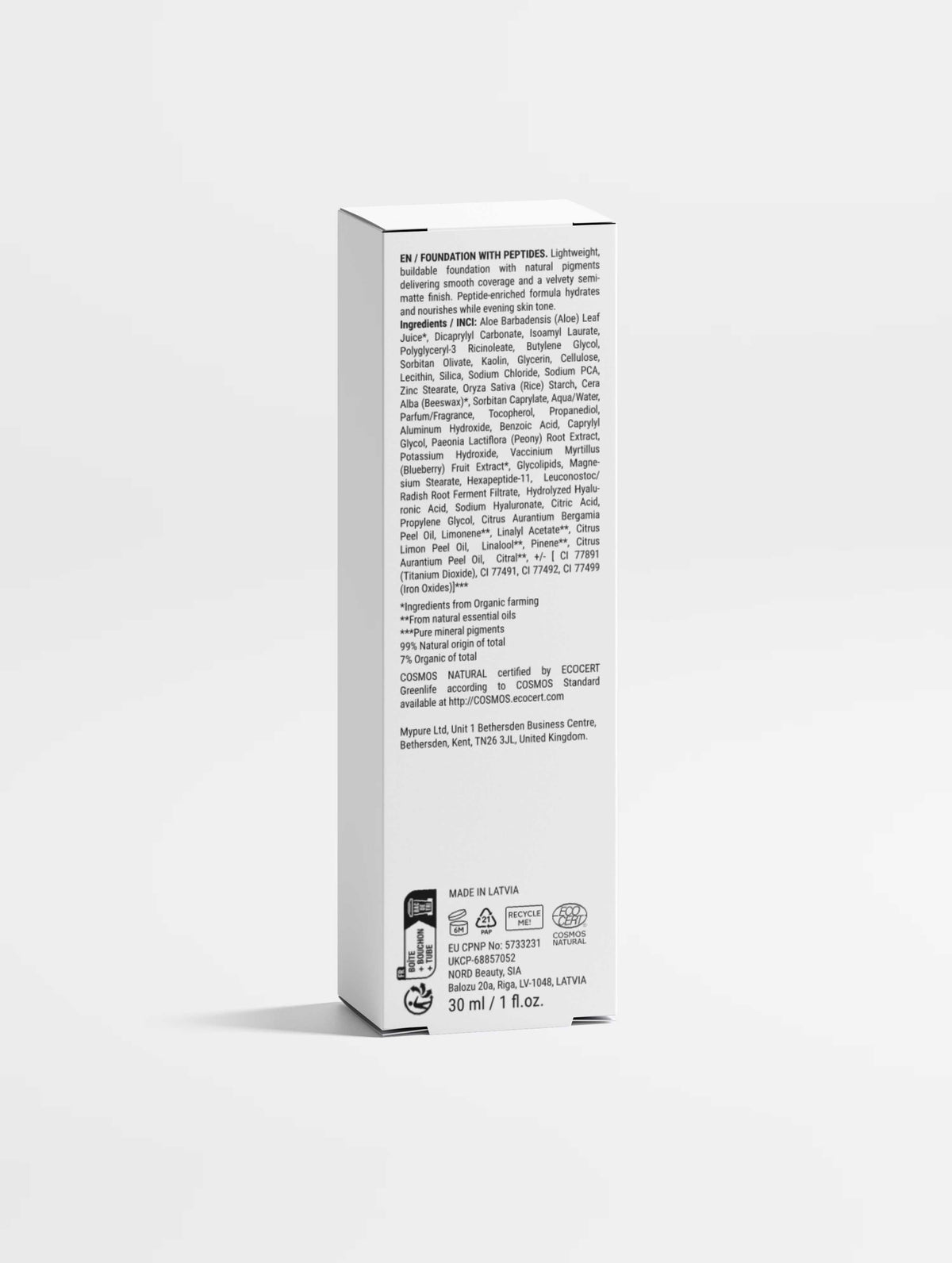 Peptide Skin-Perfecting Foundation carton, white rectangular packaging with dense black ingredient text and a 30 ml marking