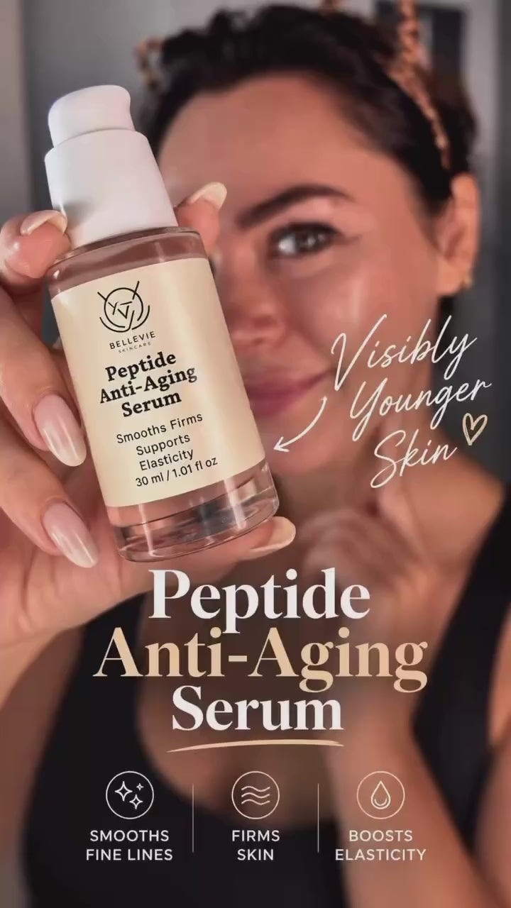 Close-up of BelleVie Peptide Anti-Aging Serum 30ml held by a woman, with on-screen text highlighting smoother, firmer skin.

