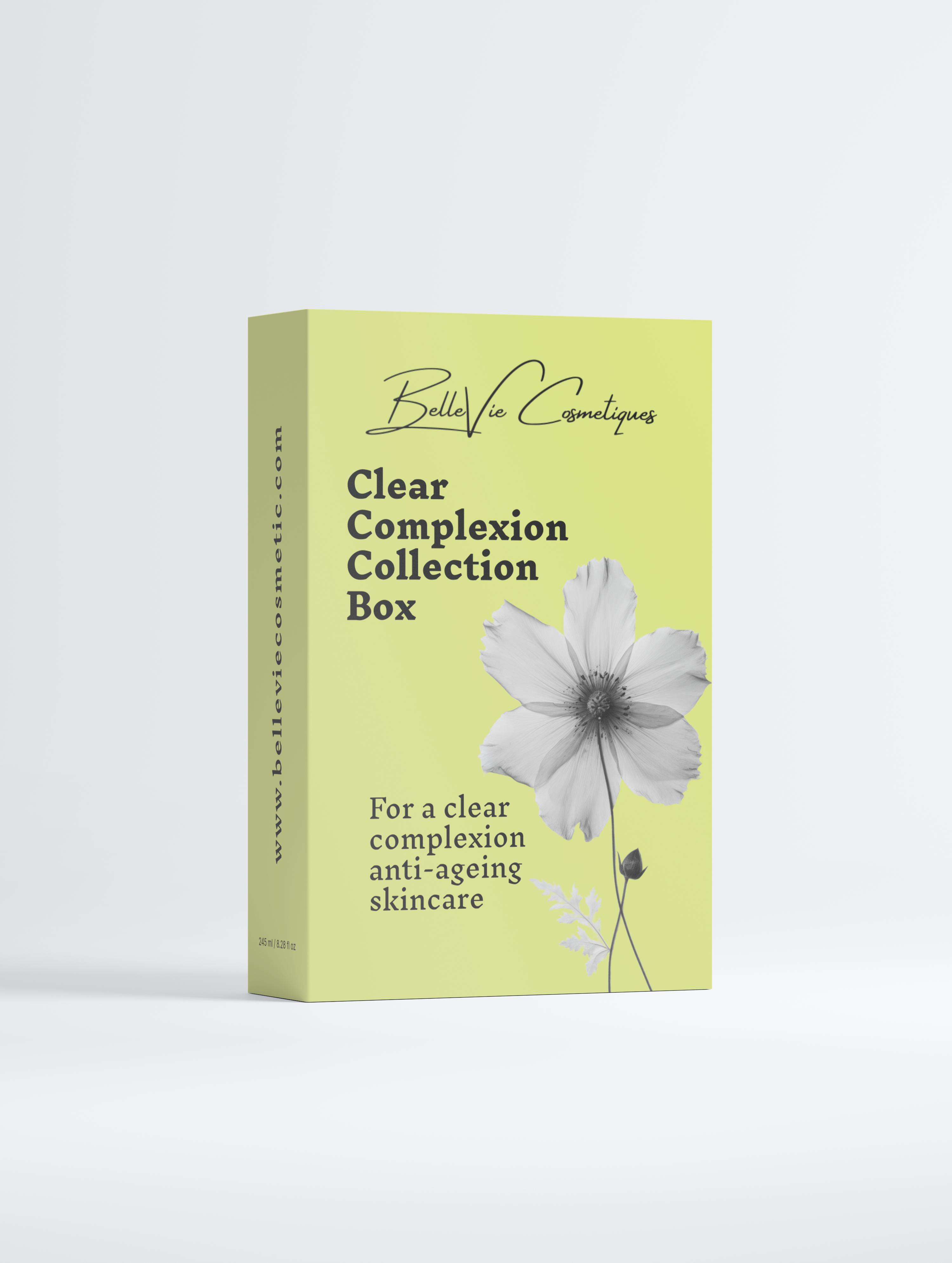 Clear Complexion Collection Box with clarifying gel, day cream, and oil serum