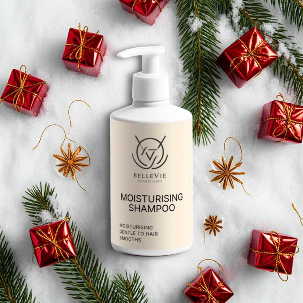 Bellevie moisturizing shampoo bottle surrounded by Christmas decorations on a white background