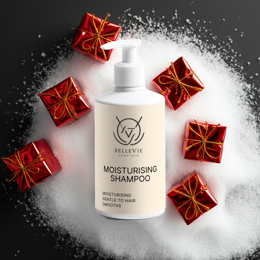 Bellevie moisturizing shampoo bottle surrounded by red gift boxes on a dark background